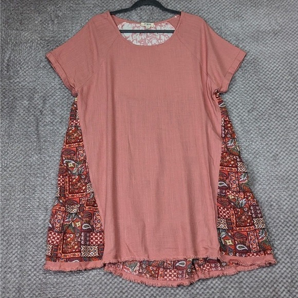 Umgee Linen Hi Low Tunic Mini Dress Medium Pink Boho Paisley Floral Fringe - Picture 1 of 7